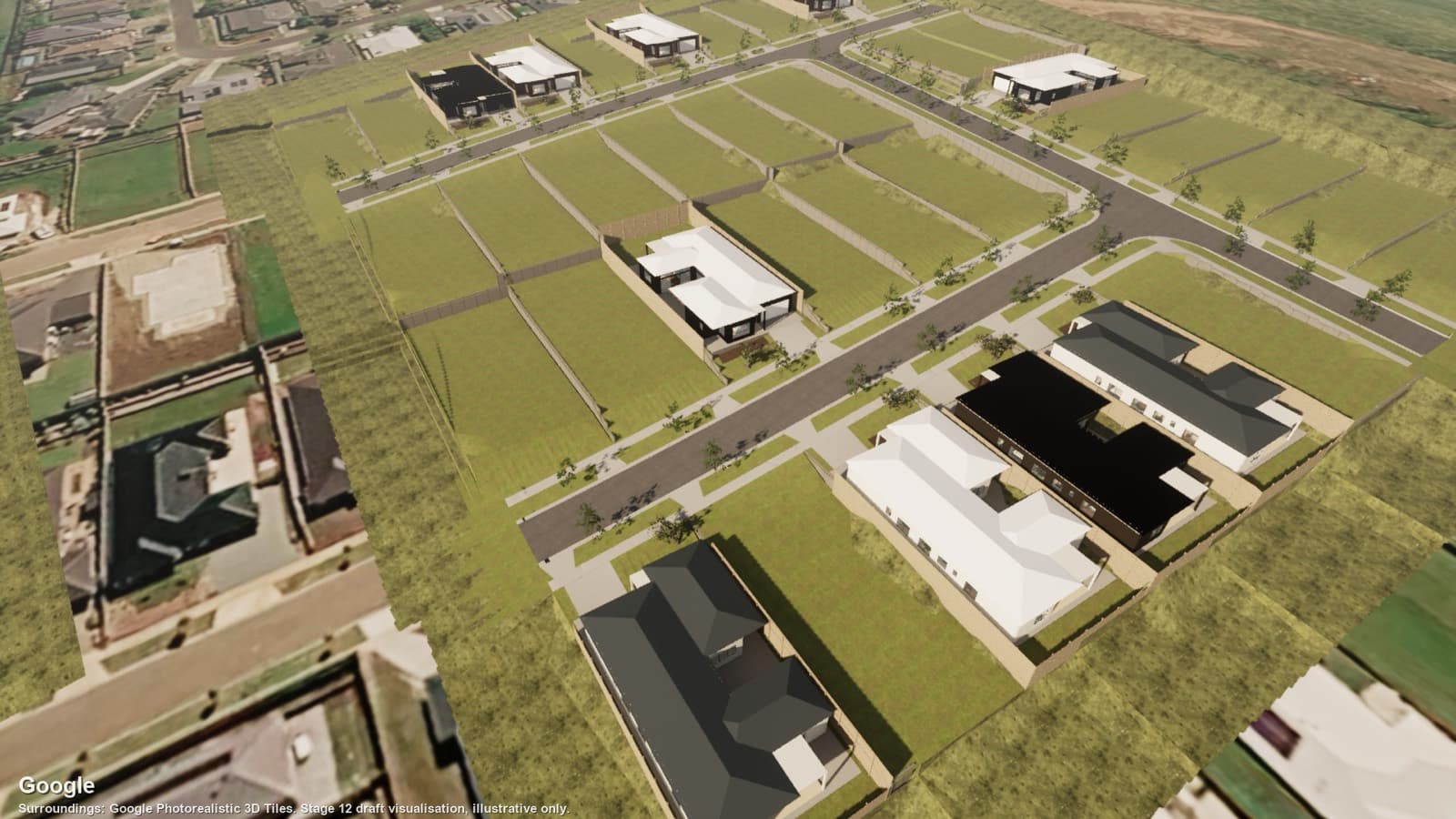 Ferntree Ridge Stage 12 draft visualisation: streets, lots and homes from above